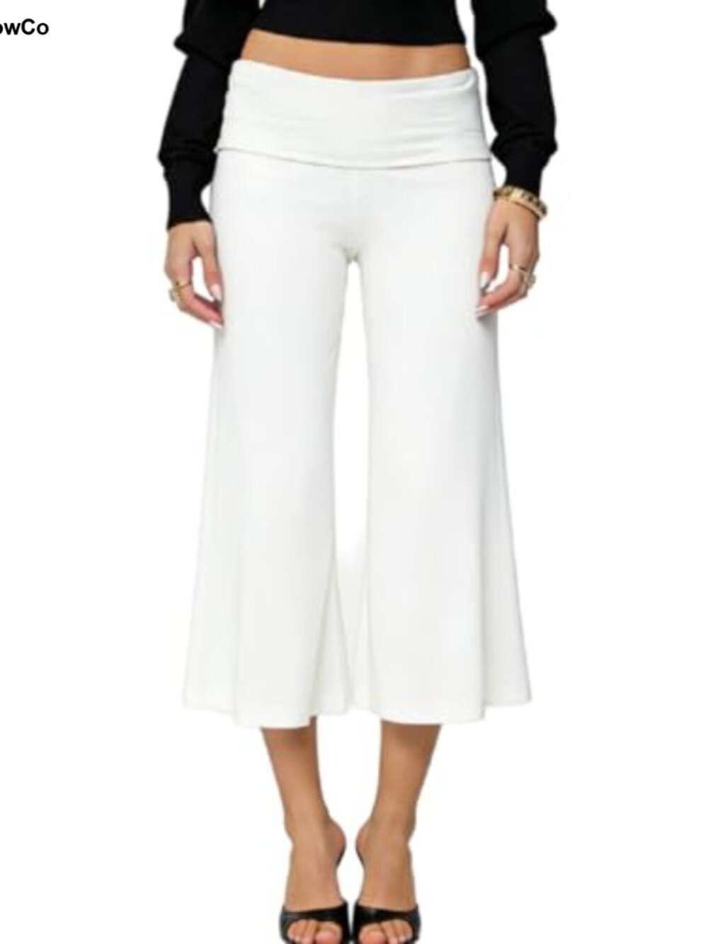 Fold Over Capri Gaucho Pants Women Cropped Wide Leg Flowy Low Rise Yoga Palazzo